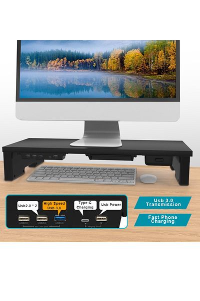 FlashHawk Monitor Stand Riser with USB 3.0 Hub and Type-C Charging,Desktop Monitor Stand