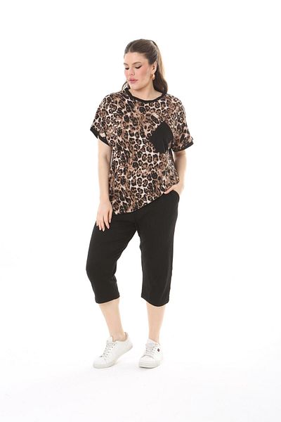 mami butik Plus Size Top Print Cross Pocket Bottom Straight Double Pocket Capris Viscose Combed Cotton Suit