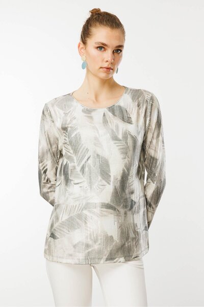 Desen Triko Women's Colorful Leaf Patterned Blouse Khaki Crew Neck