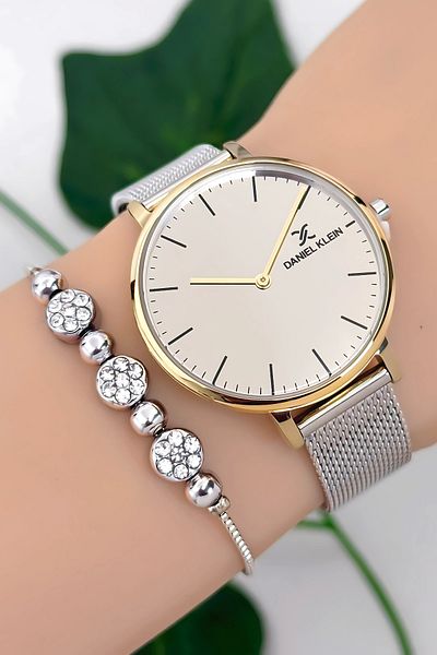 Daniel Klein Steel Cord Women Wrist Watch 3 Atm Water Resistant Silver-Gold Zmdk1189