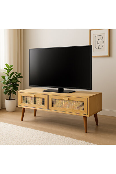 ka tasarım TV Ünitesi Doğal Masif Ahşap Hazeranlı Çekmeceli ve Torna Ayaklı