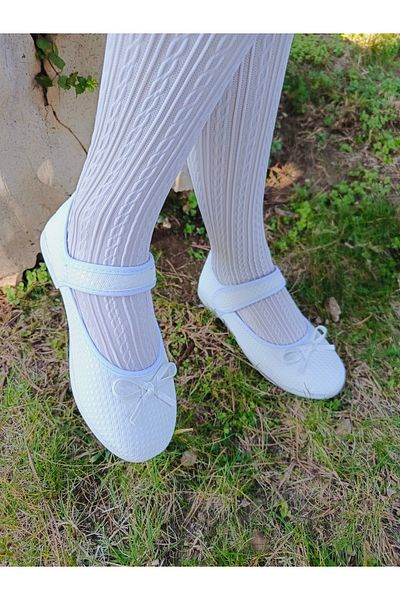 NewOneMall Pantofi de balerină pentru copii cu talpă confortabilă cu velcro cu fundă albă