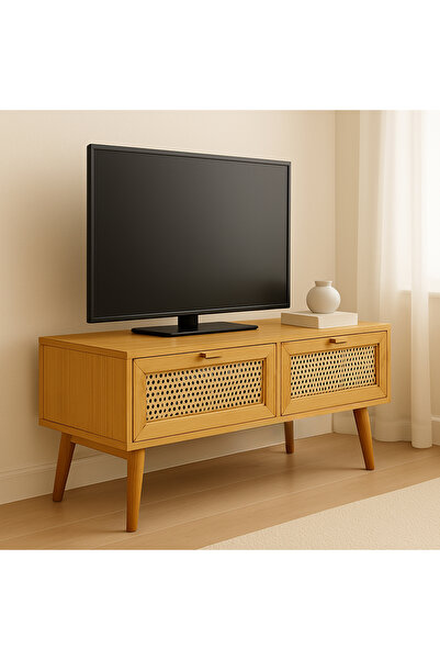 ka tasarım TV Ünitesi Doğal Masif Ahşap Hazeranlı Çekmeceli ve Torna Ayaklı