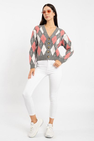 RTD&VLD Women's Vita-177 Argile Comfortable Jalıp Diamond Pattern Buttoned Knitwear Cardigan Gray