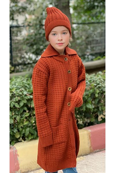 Hilal Akıncı Kids Unisex Buttoned Oversize Claret Red Knitwear Cardigan Beanie Set of 2