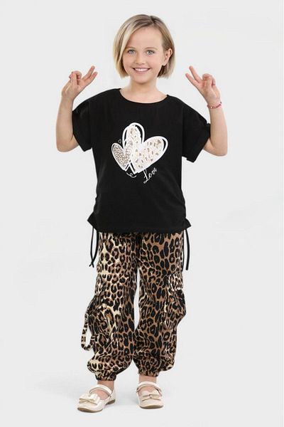 Pasur Bebe Girl's Leopard Cargo Pocket Pants - Bluz Double Set