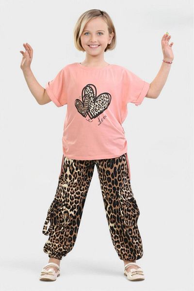Pasur Bebe Girl's Leopard Cargo Pocket Trousers - Blouse Two-Piece Suit
