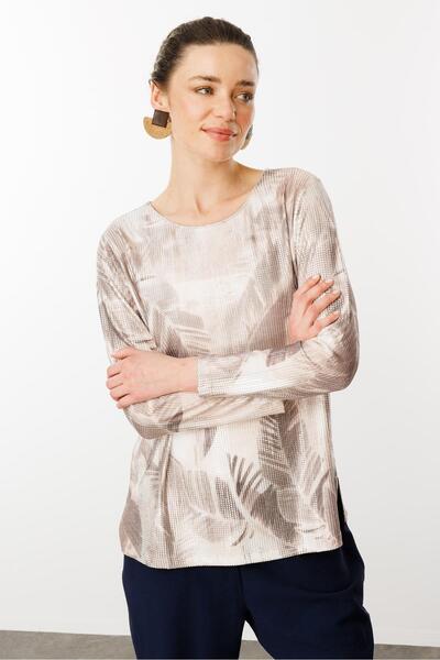 Desen Triko Πολύχρωμη μπλούζα με σχέδια με φύλλα - Γυναικεία μινκ με λαιμόκοψη