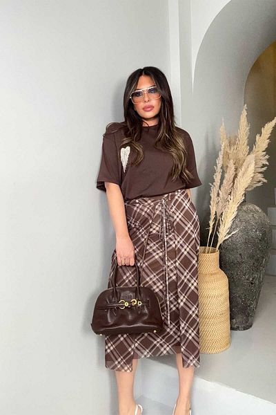 Sohotique By P Καρό φούστα με επένδυση από τούλι Bitter Brown