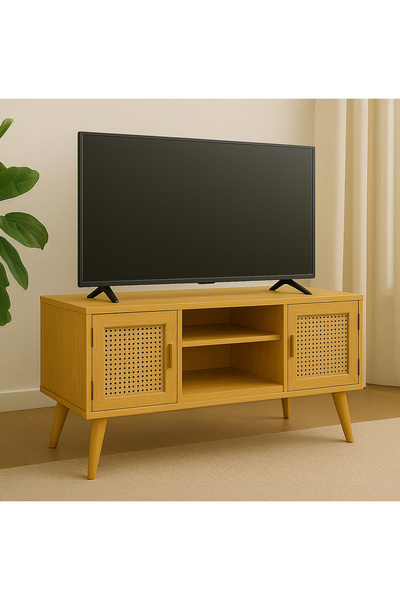 ka tasarım TV Ünitesi Doğal Masif Ahşap Hazeranlı Kapaklı ve Torna Ayaklı