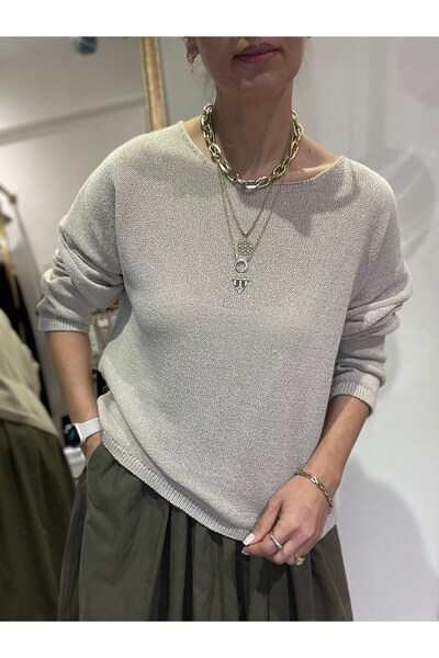 Butik Kadın, Geniş Kayık Yaka, Taş Rengi Merserize Triko Kazak Bluz