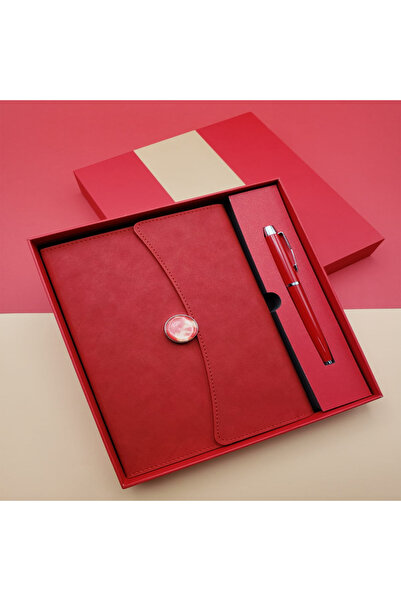 Skygo Striped Notebook and Metal Pen Set Red