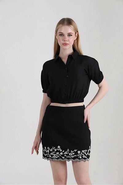 Ecenin Favorileri Fusta mini de damă din in negru brodat