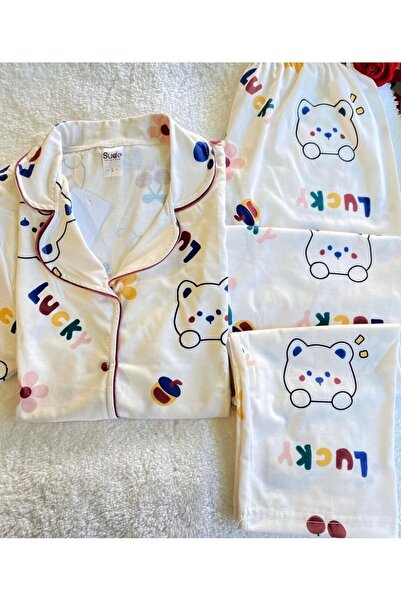Sude Lucky Desenli Önden Düğmeli Pijama Takımı