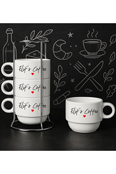 Bk Gift Kişiye Özel Standlı 4'lü Fincan Seti-1 , Yeni Ev Hediyesi, Arkadaş