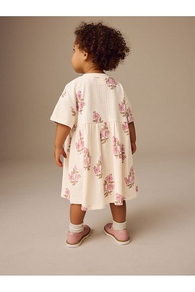 Next Baby 100% Cotton Ecru Floral Patterned Short Sleeve Dress