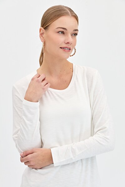 Desen Triko Women's Crew Neck Flared Fabric Basic Combed Cotton Blouse Ecru