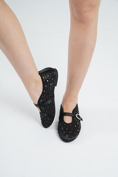 Beyond Women's Black Satin Stone Detailed Buckle Ballerinas Byndkp867