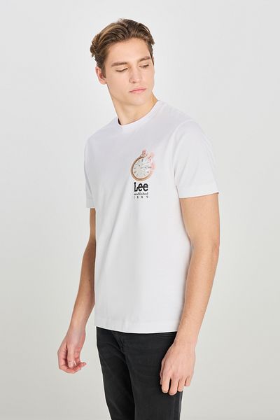 Lee 100% Cotton Regular Fit Regular Cut Crew Neck Printed White T-Shirt