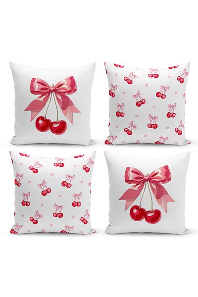 Bertille Home Set de 4 huse de pernă cu imprimeu digital pe două fețe din seria Cherry (cireș cu fundă)