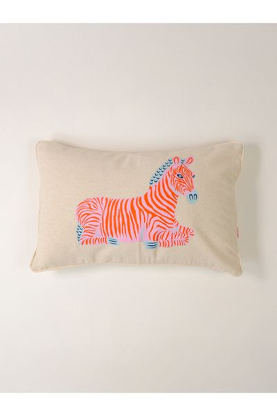 Galia Tasarım Zebra Print Washed Linen Throw Pillow Cover - Pink