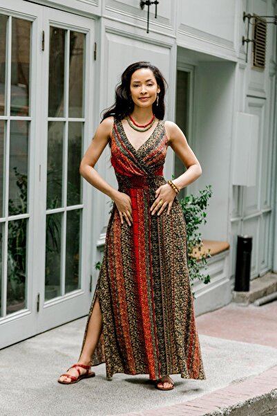 Los banditos Double Breasted Collar Robadan Slit Long Dress