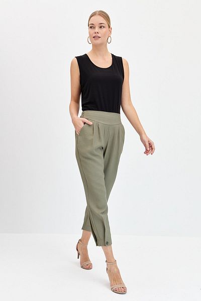 Desen Triko Women's Wide Belted Leg Buttoned Linen Trousers Khaki