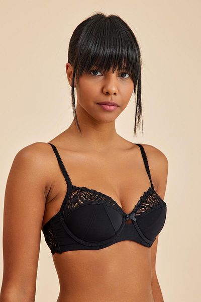 Amarelle Emma Black Underwire Lace Padded Gathered Half Cup Bra