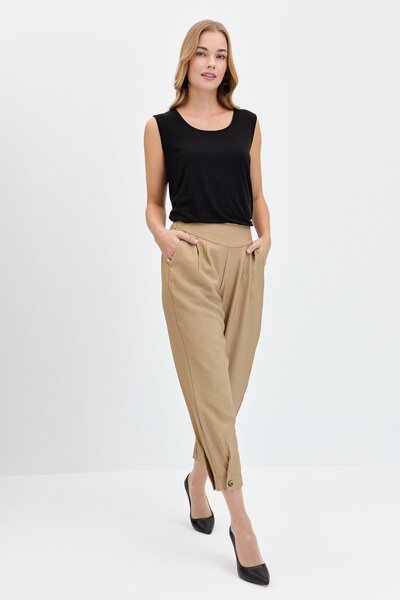 Desen Triko Women's Wide Belted Leg Buttoned Linen Trousers Camel