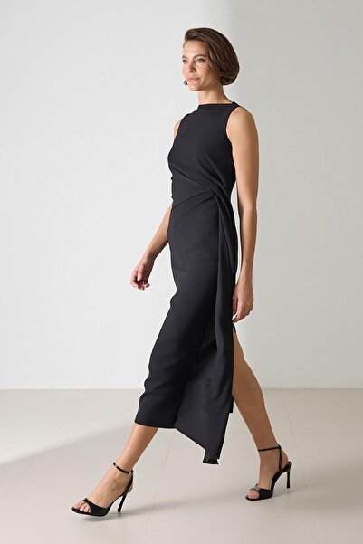 Setre Negru talie detaliate fără mâneci Midi lungime largă Mould rochie