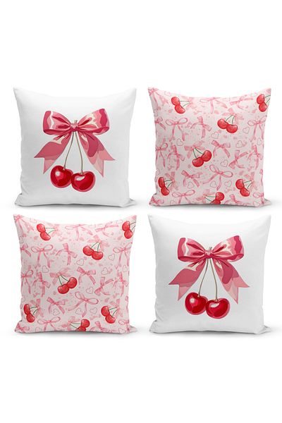 Bertille Home Set de 4 huse de pernă cu imprimeu digital pe două fețe din seria Cherry (cireș cu fundă)