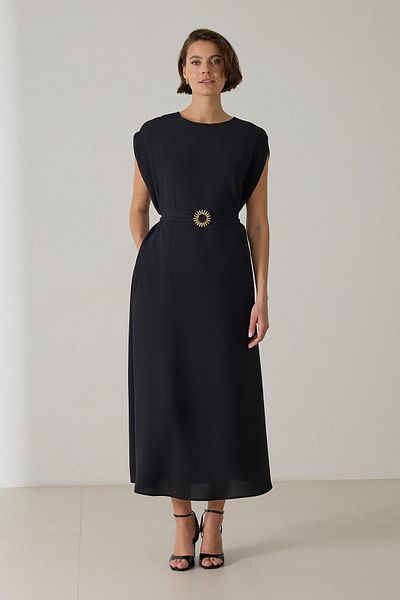 Setre Black Brooch and Halter Detailed Relaxed Cut Dress