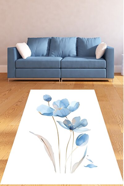 on the clouds Soyut Mavi Çiçekler Minimalist Yıkanabilir Kaymaz Taban Leke Tu...