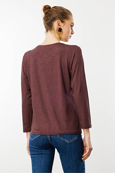 Desen Triko Γυναικεία μπλούζα με λαιμόκοψη από ύφασμα Basic χτενισμένη βαμβακερή μπλούζα καφέ