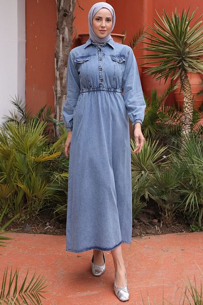 giyze Elastic Waist Denim Dress Blue 6952