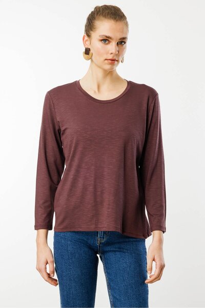 Desen Triko Γυναικεία μπλούζα με λαιμόκοψη από ύφασμα Basic χτενισμένη βαμβακερή μπλούζα καφέ