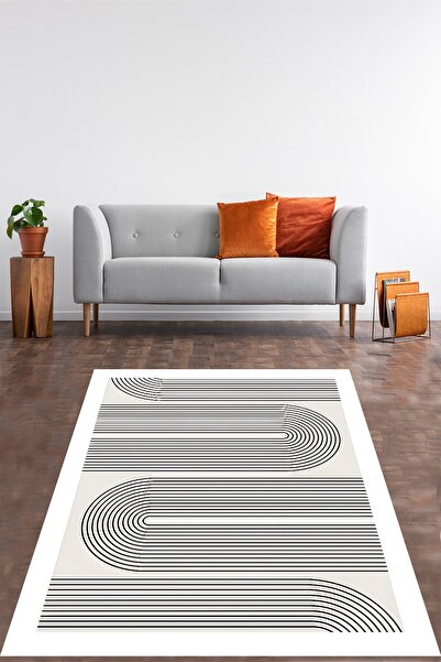 on the clouds Bohem İskandinav Siyah Çizgi Desenli Yıkanabilir Kaymaz Taban L...