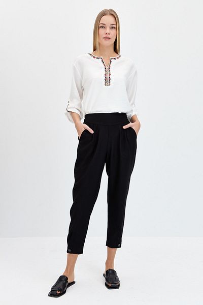 Desen Triko Wide Belted Buttoned Linen Black Trousers