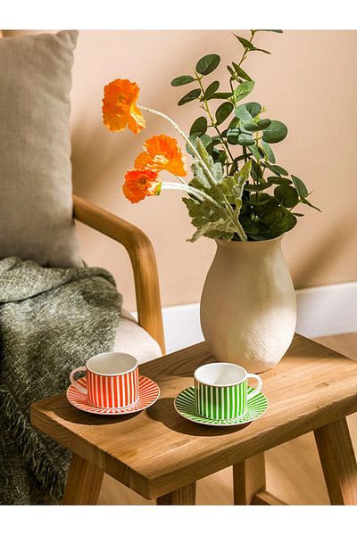 LC Waikiki Lcw Home Mixed Line Patterned 2-Person Porcelain Coffee Cup Set 90 ml