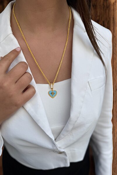 Utku Kuyumculuk 22 AYAR ÖZEL TASARIM MAVİ MİNELİ KALPLİ KUTUP YILDIZI MODELİ ALTIN KOLYE