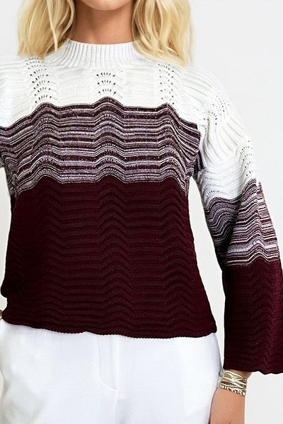 VAGGON Pulover de damă, burgundă, pe jumătate de pescar, ajurat și blocat, Prmx11187