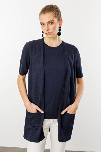 Desen Triko Жіночий трикотажний жилет з довгими рукавами та квадратним візерунком, темно-синій