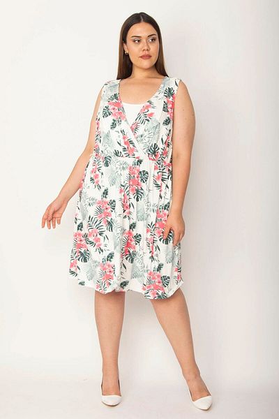 Şans Women's Large Size Bone Inner Collar Plain Fabric Detailed Wrap Collar Floral Patterned Dress 65n26950
