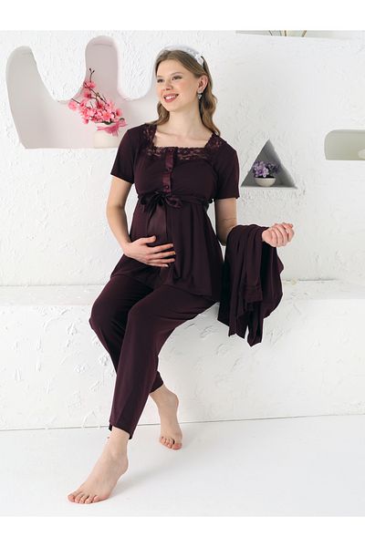 JENİKA Maternity Long Sleeve Dress, Openable Buttoned Collar, Lace Detailed 3-Piece Maternity Pajama Set