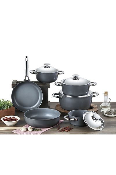 SAFLON Ceramic Cookware Set, Consisting Of 10 Pieces. Dark Grey