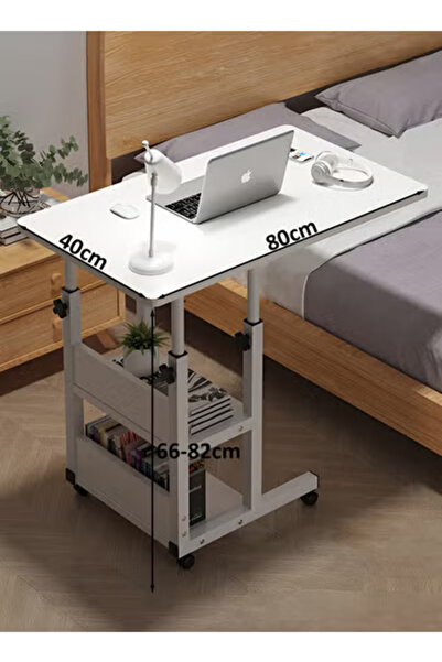 Taimi Side Table Height Adjustable with Swivel Wheels , C-Shaped Side Table For Sofa,80x40cm - White