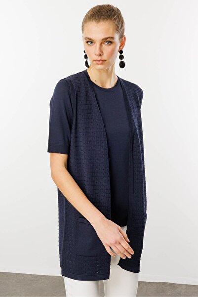 Desen Triko Жіночий трикотажний жилет з довгими рукавами та квадратним візерунком, темно-синій