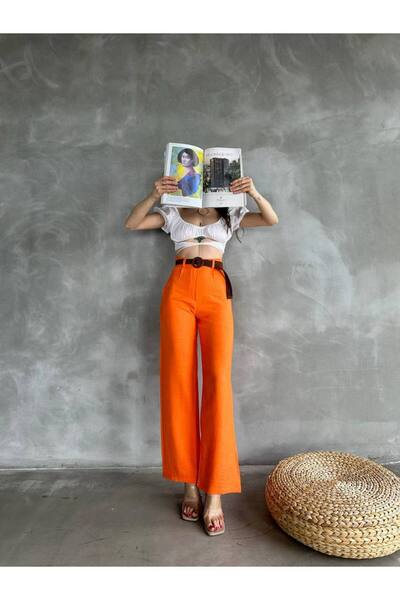 ekinkul Kemer Detaylı Palazzo Kesim Yüksek Bel Dokuma Pantolon