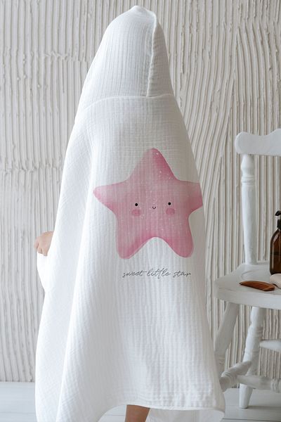 Tuğba Kuğu 4 Layers Muslin Hooded Towel - Pure Baby Series - Fluffy Pink Star