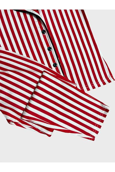 ALİŞ KİDS Girl's 100% Cotton Red Striped Shirt Collar Buttoned Short Sleeve Summer Pajama Set